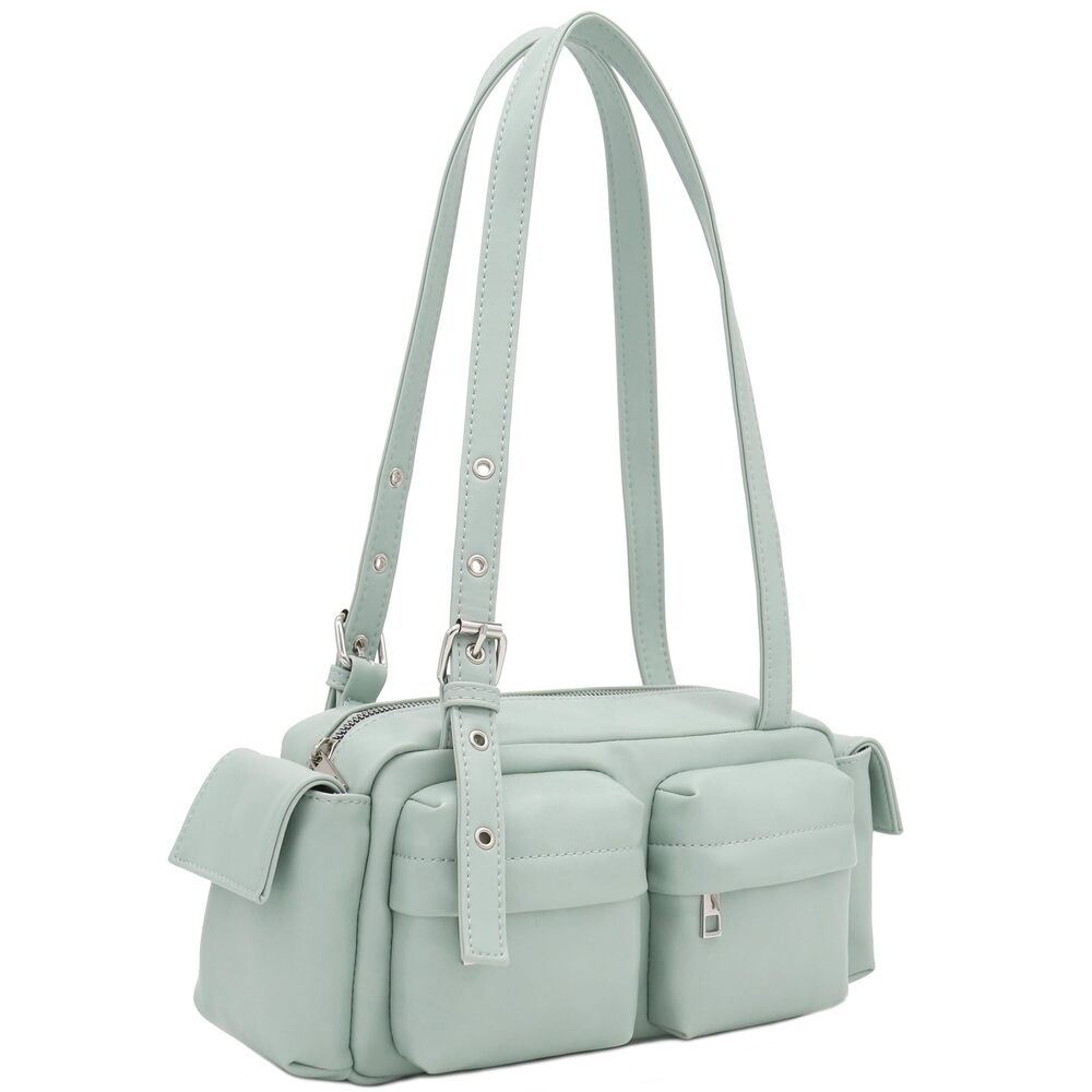3786 PU Leather Multiple Cargo Pockets Shoulder Bag Satchel Misty Mint